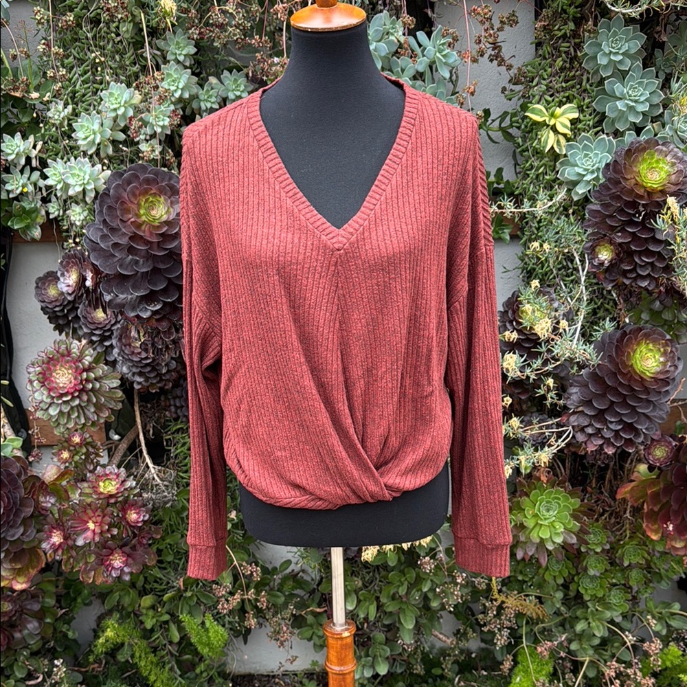 Lush Brown V-Neck Sweater Cozy Knit